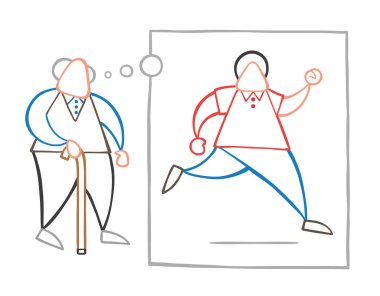 Vektör çizim karikatür yaşlı adam ahşap baston ve rüya veya gençlik düşünme ve düşünce balonu ile koşma ile yürüme.