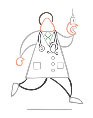 Vektör çizim karikatür Doktor adam stetoskop ve koşma, enjeksiyon için hazır şırınga tutarak ile.