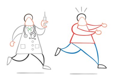 Enjeksiyon ve korkmuş ve kaçmak hasta hazır şırınga tutarak vektör illüstrasyon karikatür Doktor stetoskop ve adam çalışan,.