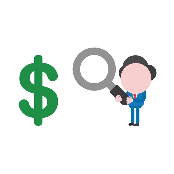 Ilustración Vectorial Personaje Hombre Negocios Sosteniendo Lupa Símbolo Del Dólar — Vector de stock