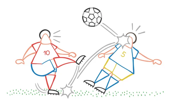 Illustrazione Vettoriale Cartone Animato Giocatore Calcio Uomo Calci Palla Colpire — Vettoriale Stock