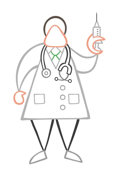 Illustrazione Vettoriale Cartoon Doctor Man Con Stetoscopio Piedi Siringa Pronta — Vettoriale Stock