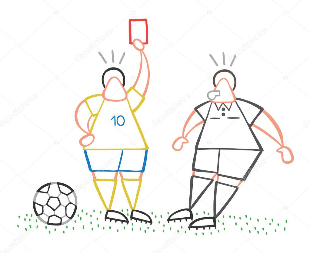 Vector illustration cartoon soccer player man showing red card to referee.