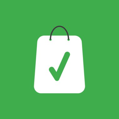 Düz vektör simge kavramı üzerinde yeşil renkli onay işareti ile alışveriş çantası.