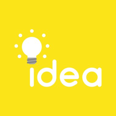 Düz vektör simgesi sarı arka plan üzerinde parlayan ampul ile fikir kelime kavramı.