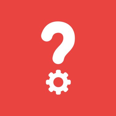 Düz vektör simgesi kırmızı zemin üzerine dişli ile soru işareti kavramı.