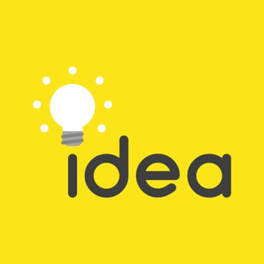 Düz vektör simgesi sarı arka plan üzerinde parlayan ampul ile fikir kelime kavramı.