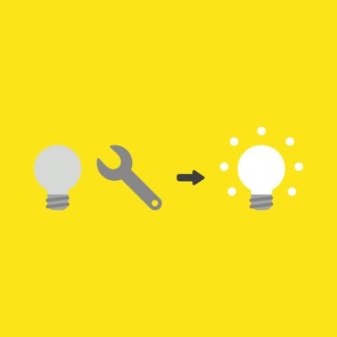 Düz vektör simge kavramı gri ampul, somun anahtarı ve sarı arka plan üzerinde parlayan.