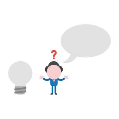 Vektör çizim işadamı karakter boş konuşma balonu ve gri ampul ile karışık.