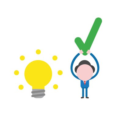 Vektör çizim işadamı karakter ampul fikir parlayan ve onay işareti kadar holding ile.