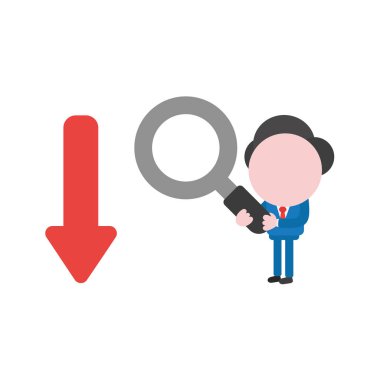 Büyüteç tutarak ve ok aşağı hareket isteyen vektör çizim işadamı karakter.