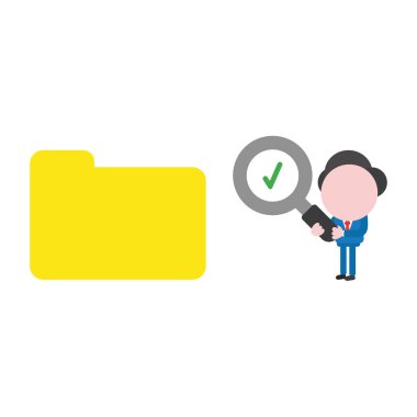 Onay işareti olan Büyüteç tutarak ve kapalı dosya klasörü seyir vektör çizim işadamı karakter.