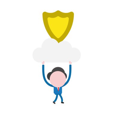 Vektör çizim işadamı karakter yürüyüş ve muhafız kalkan bulut üzerinde gidiyor.