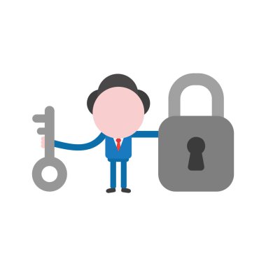 Anahtar ve kapalı asma kilit tutan vektör çizim işadamı karakter.