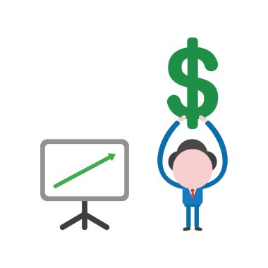 Vektör çizim işadamı karakter kadar hareketli ve doları sembolü kadar holding satış grafiği ok ile.