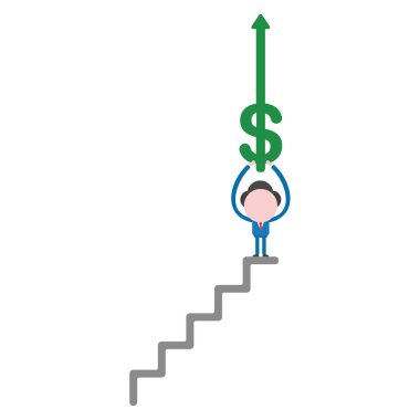 Vektör çizim işadamı karakter kadar hareketli merdiven üstünde tepe-in dolar ok gidiyor.