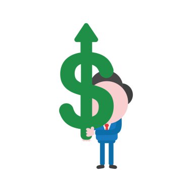 Vektör çizim işadamı karakter doları ok yukarı hareket holding.