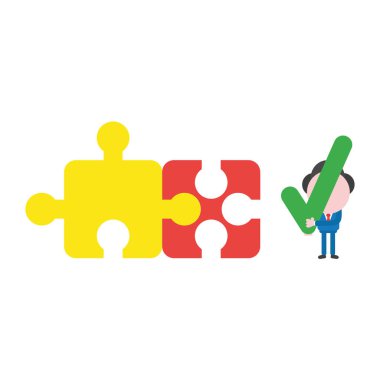 Vektör çizim işadamı karakter iki bağlı jigsaw puzzle parçaları ve holding onay işareti ile.