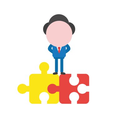 Vektör çizim işadamı karakter duran iki bağlı jigsaw puzzle parçaları.
