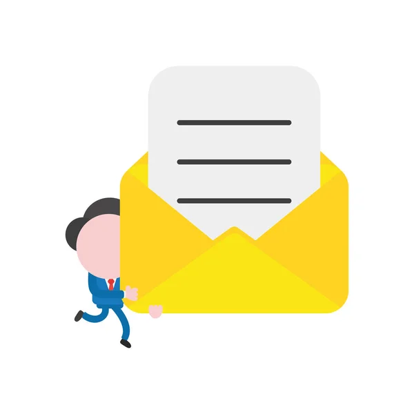 Vector Illustration Businessman Character Running Carrying Open Mail Envelope Written — Stock Vector