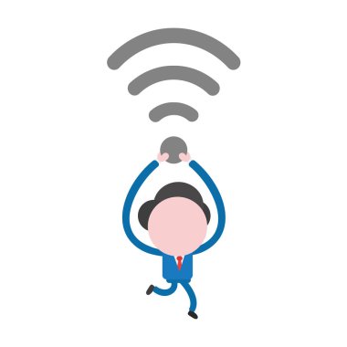 Çalışan ve kablosuz wifi sembolü taşıyan vektör çizim işadamı karakter.