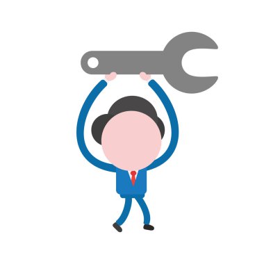 Yürüyüş ve somun anahtarı taşıyan vektör çizim işadamı karakter.