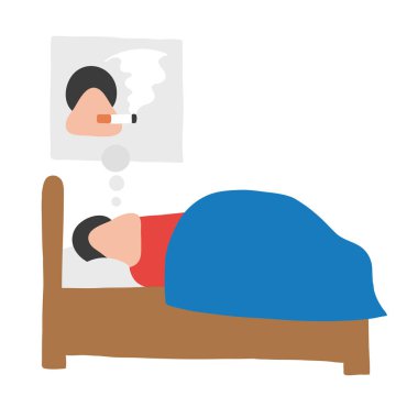 Vektör çizim karikatür adam karakter uyku ve onun rüyada Sigara İçilmeyen.