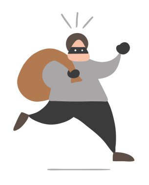Çalışan ve çuval taşıma vektör çizim karikatür hırsız adam yüzü maskeli.