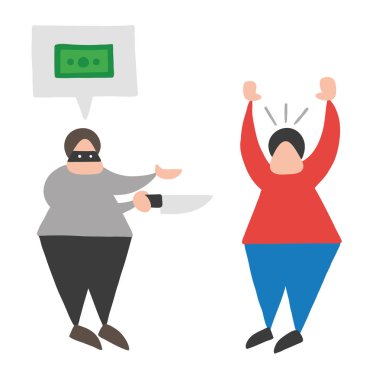Yüzü olan vektör illüstrasyon karikatür hırsız adam bıçakla maskeli ve konuşma balonu diğer adamdan para istiyorum.