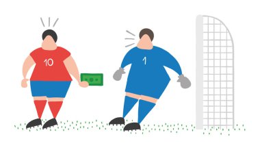 Vektör çizim karikatür futbol oyuncu adam kaleci için rüşvet teklif.