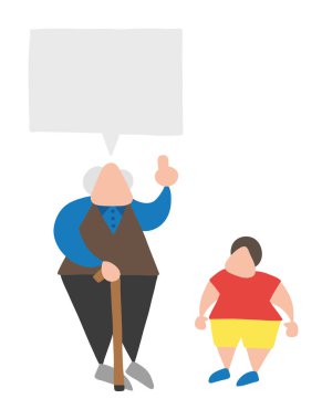 Vektör çizim karikatür torununa konuşuyor ve danışmanlık ihtiyar baston ile.