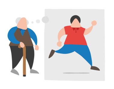 Vektör çizim karikatür yaşlı adam ahşap baston ve rüya veya gençlik düşünme ve düşünce balonu ile koşma ile yürüme.