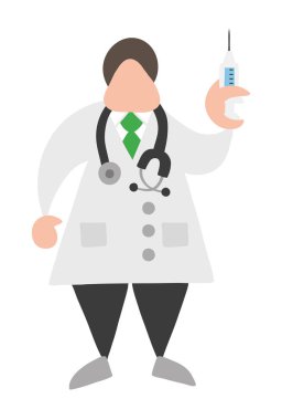 Enjeksiyon için hazır şırınga tutarak vektör illüstrasyon karikatür Doktor stetoskop ve adam ayakta,.
