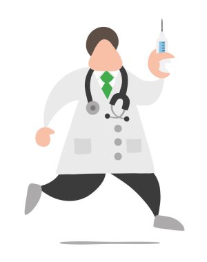 Vektör çizim karikatür Doktor adam stetoskop ve koşma, enjeksiyon için hazır şırınga tutarak ile.
