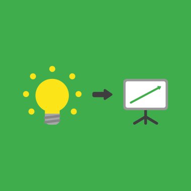 Düz vektör simge kavramı sarı parlak ampul ve üzerinde yeşil arka plan hareketli satış grafiği ok.