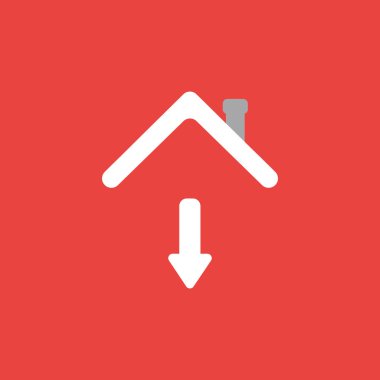 Düz vektör simge kavramı kırmızı zemin üzerine evin çatısı altında hareket ok.