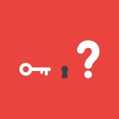 Düz vektör simge kavramı anahtar ve soru işareti kırmızı arka plan ile anahtar deliği.