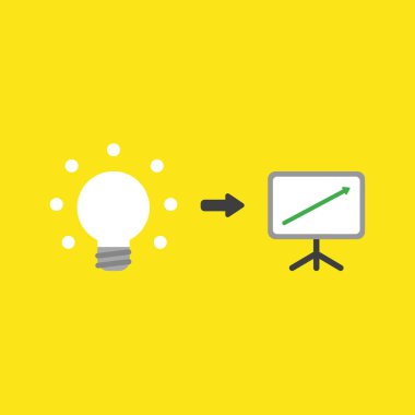 Düz vektör simge kavramı üzerinde sarı arka plan hareketli satış grafiği ok ile parlayan ampul.