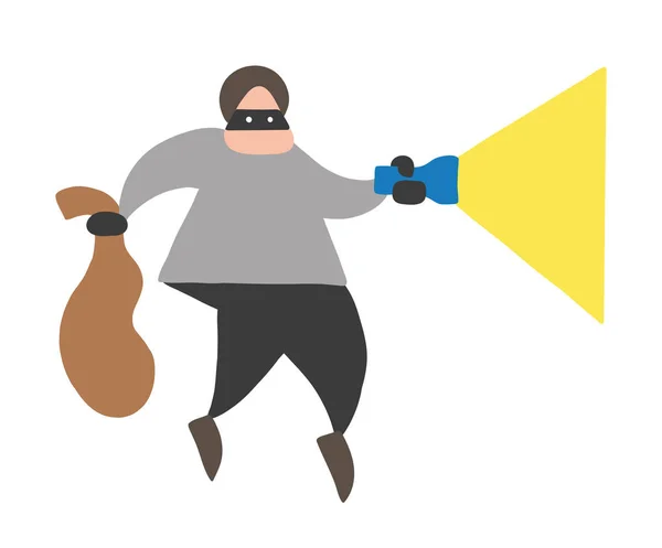 Vector Illustration Cartoon Thief Man Face Masked Walking Holding Flashlight — Stock Vector