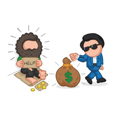 Zengin adam evsiz kaldırım ve evsiz para çantasını veren vektör çizilmiş karikatür çizim şok.