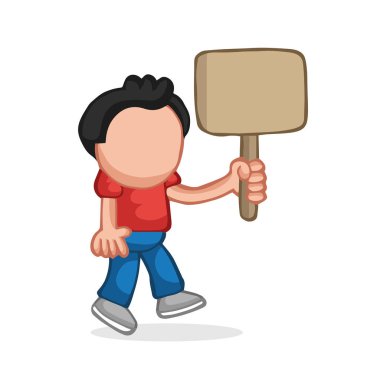 Vektör çizilmiş karikatür çizim boş afişini tutan yürüyen adam.