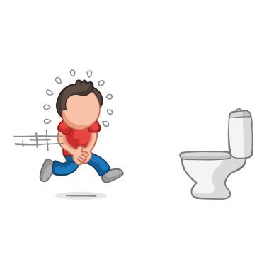 Vektör çizilmiş karikatür çizim klozet üzerinde işemek için koşan adam.