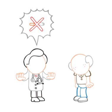 Sigara İçilmeyen çıkmak için eski hasta söylüyor doktor vektör çizilmiş karikatür çizim.