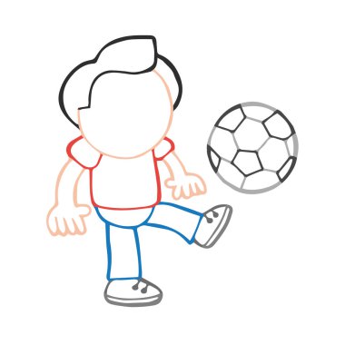 Adam ayakta tekme oynarken futbol topu vektör çizilmiş karikatür çizim.
