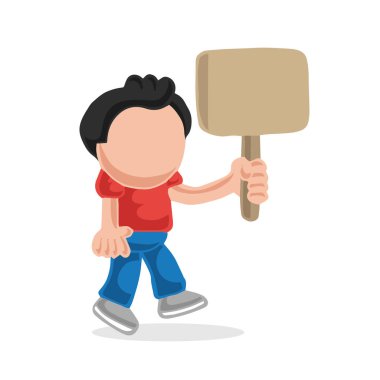 Vektör çizilmiş karikatür çizim boş afişini tutan yürüyen adam.