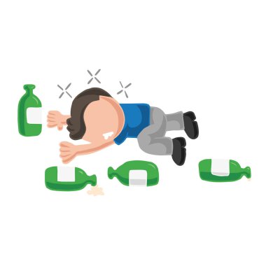 Sarhoş adam boş bira şişeleri ile katta yatan vektör çizilmiş karikatür çizim.