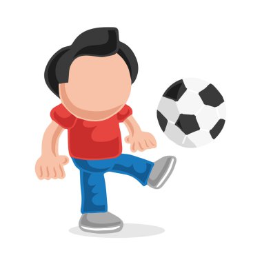 Adam ayakta tekme oynarken futbol topu vektör çizilmiş karikatür çizim.