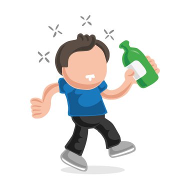 Vector hand-drawn cartoon illustration of drunk man walking holding bottle of beer. clipart