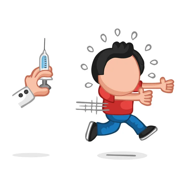 Vector Hand Drawn Cartoon Illustration Man Afraid Running Doctor Syringe — Stock Vector