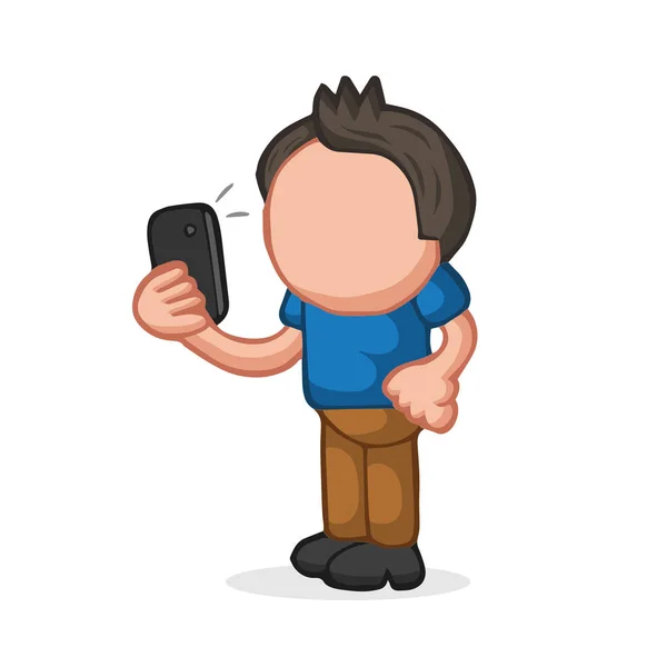 Vector Cartoon Handgetekende Illustratie Van Mens Staande Bedrijf Smartphone Nemen — Stockvector